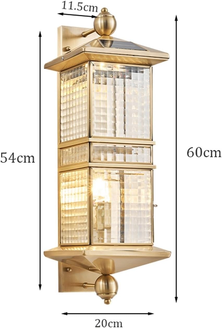 Outdoor Wall Lantern, Vintage Brass Wall Sconce, Waterproof IP55 Exterior Mount Lamp with Patterned Glass, E27 Socket, Solar Powered Lighting Fixture for Garden Villa Courtyard Gate Cottage