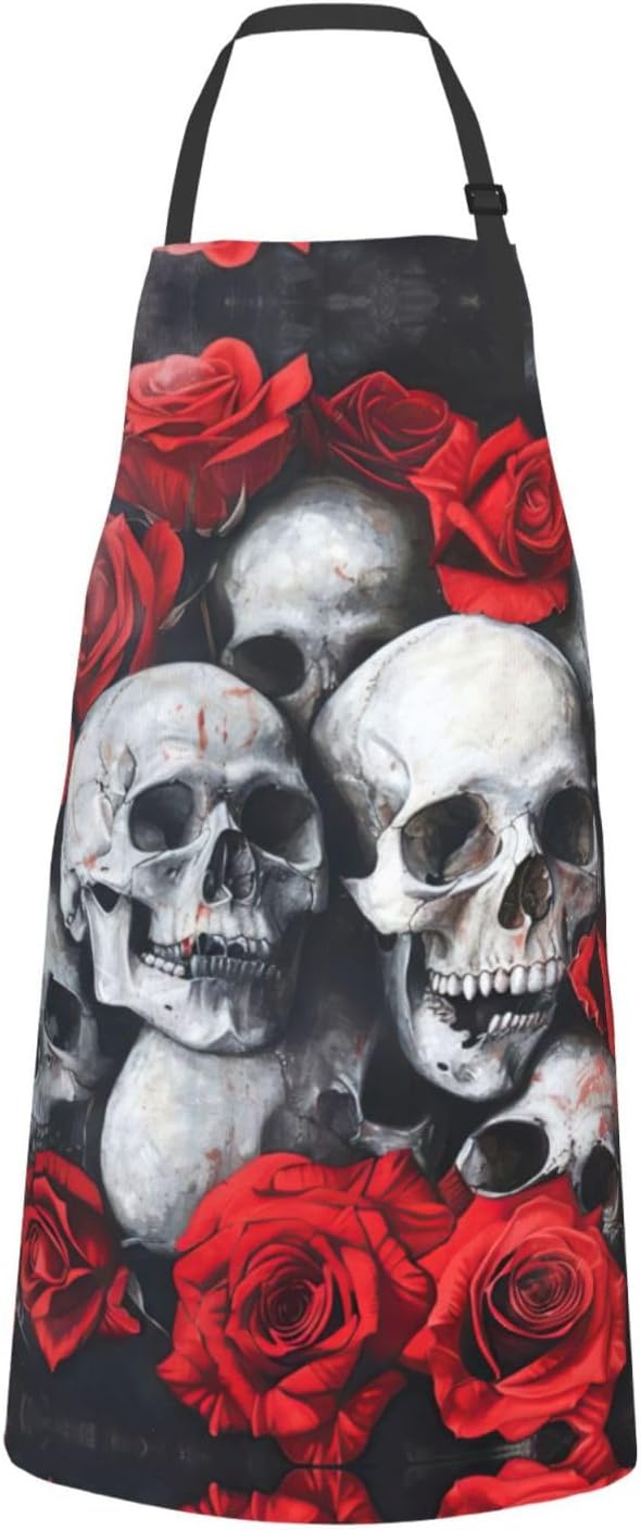 Skull and Red Rose print Waterproof chef's apron with pocket apron for