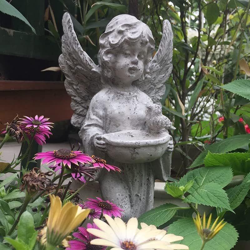 Resin Small Angel Birdfeeder Statuary with Bird Decor,Distressed Bird Feeder Stand for Indoor Outdoor