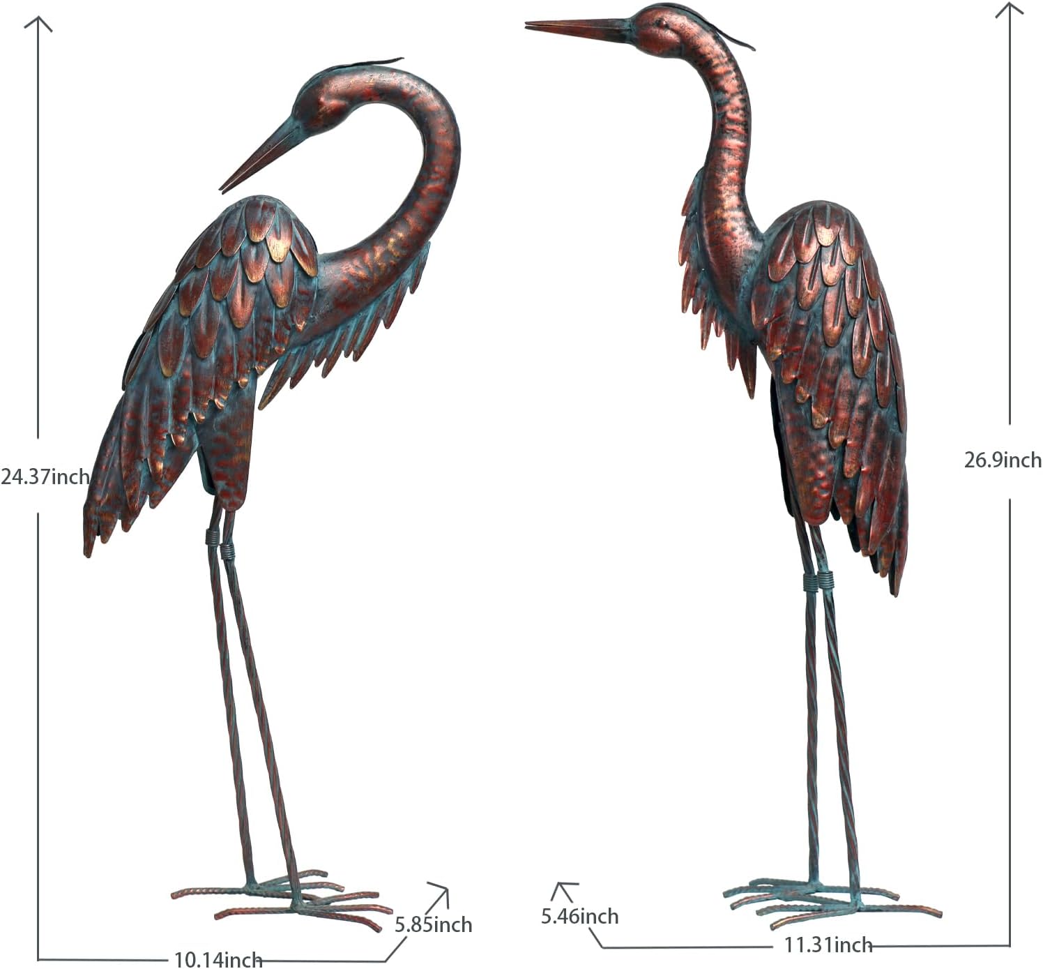 Kircust Metal Crane Statues - Set of 2 Bronze Heron Sculptures for Gar