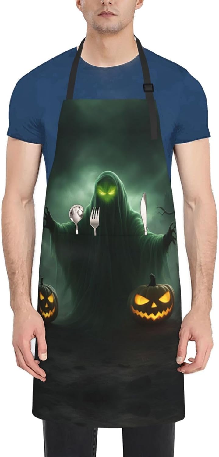 Green Ghost Horror Halloween Pumpkin print Waterproof chef's apron with pocket apron for kitchen cooking baking barbecue and gardening