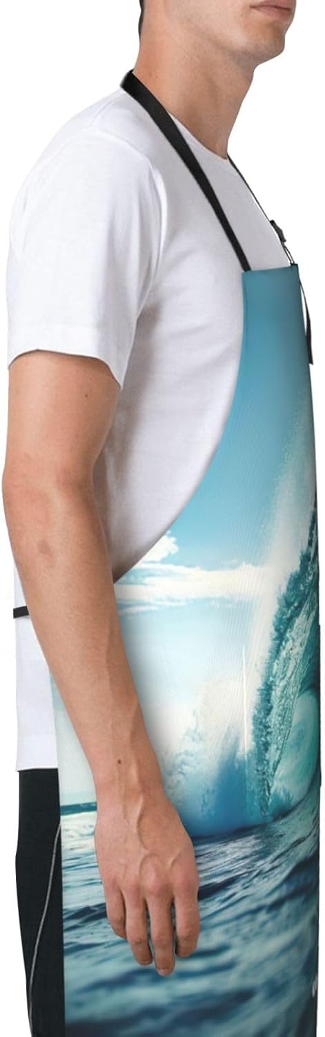 Ocean Green Wave Surf print Waterproof chef's apron with pocket apron for kitchen cooking baking barbecue and gardening