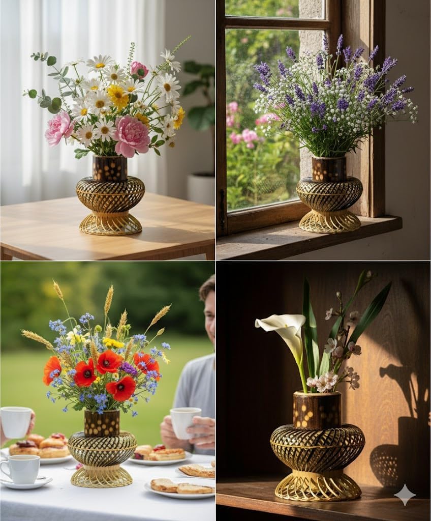 Handmade Bamboo Flower Vase - Natural Rustic Planter Pot for Indoor Outdoor Plants - Eco Friendly Farmhouse Boho Home Decor Centerpiece for Christmas Thanksgiving Idea