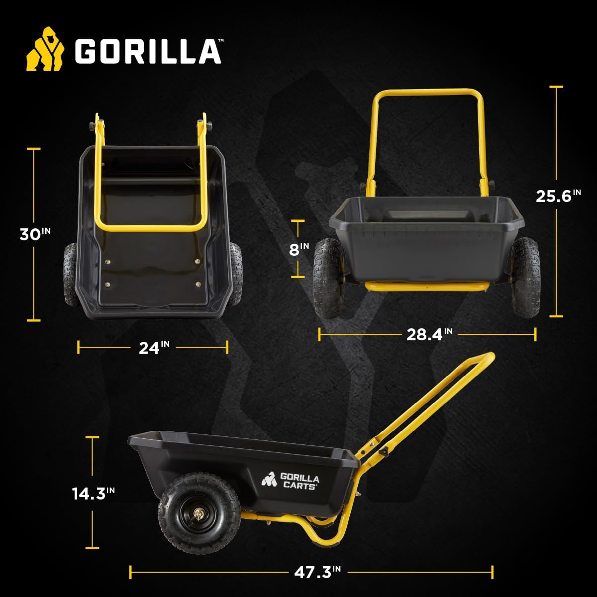 Gorilla Carts Heavy-Duty Dump Cart, Patented Quick-Release Dumping, Steel Frame, 600 lb Capacity, No-Flat 10-Inch Tires, Utility Wagon for Garden, Yard, Beach