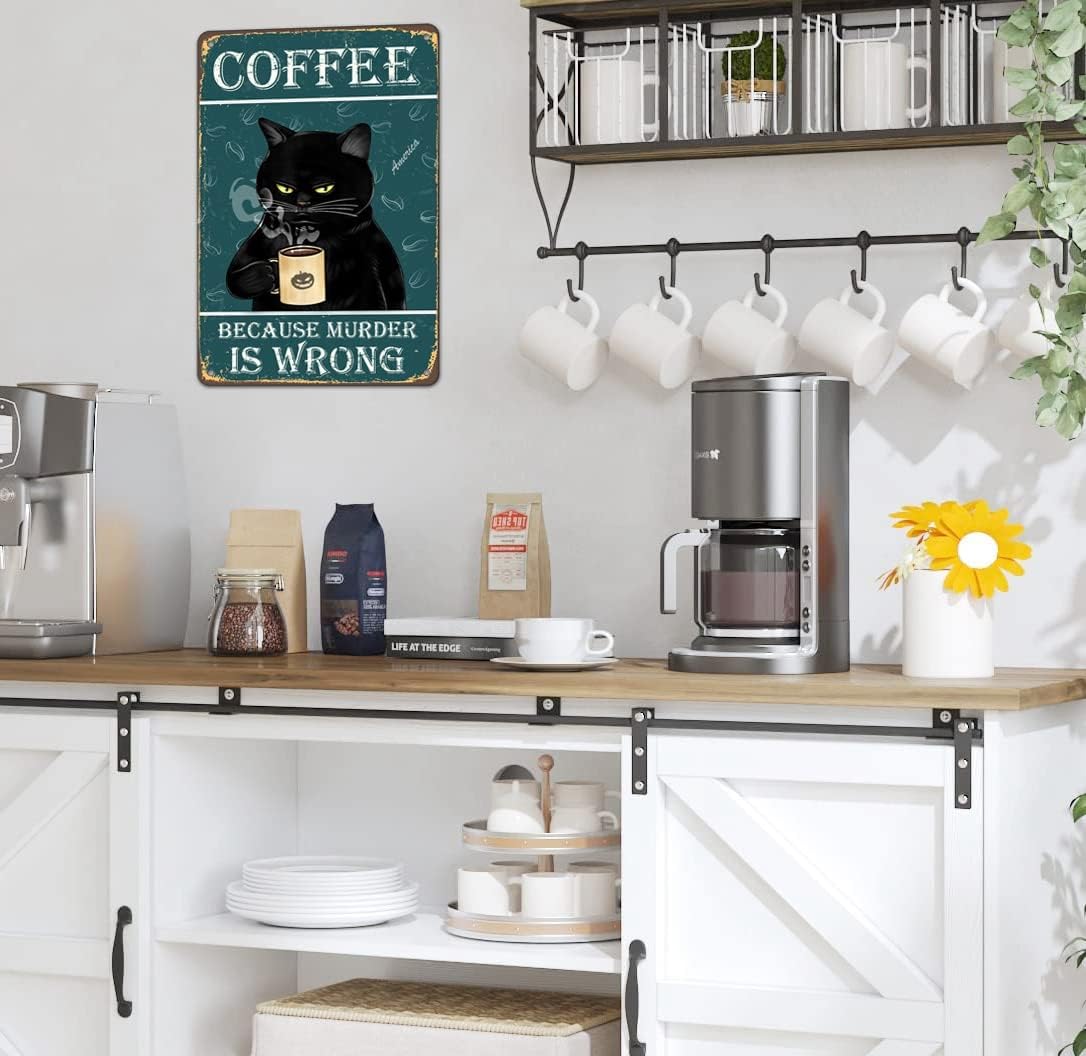 Bestylez Funny Black Cat Signs - Coffee Lovers Kitchen Decor, 12 x 8 I