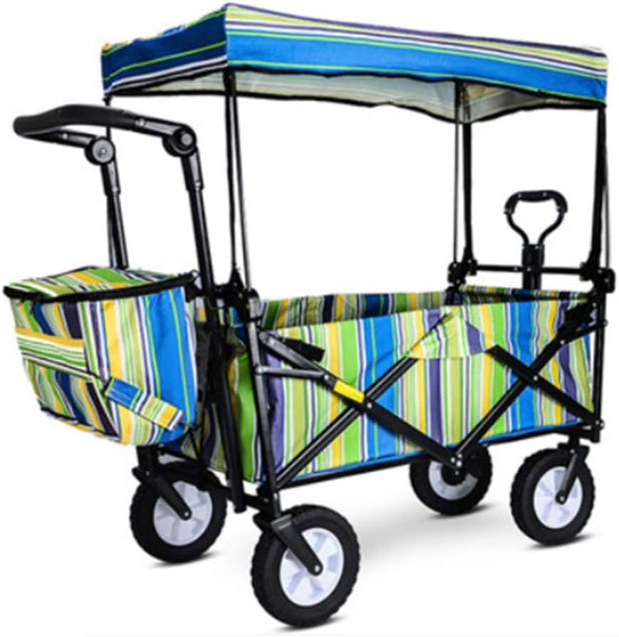 Garden Trolley Cart Foldable Pull Wagon with Removable Canopy Ice Bag Large Capacity BBQ Outdoor Four-Beach Fishing Shopping Camp Trolley,100X50x75cm