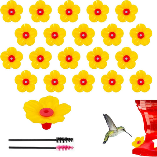 20 Pieces Hummingbird Feeders Replacement Flowers - Hummingbird Feeder P with 2 Cleaning Brush, Bird Feeder Replacement Feeding Ports for Outdoors Hanging Feeder, Yellow