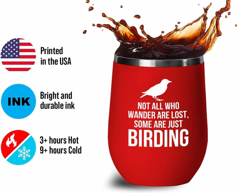 Birding Red Edition Wine Tumbler 12oz - Not all who wander - Bird Feed