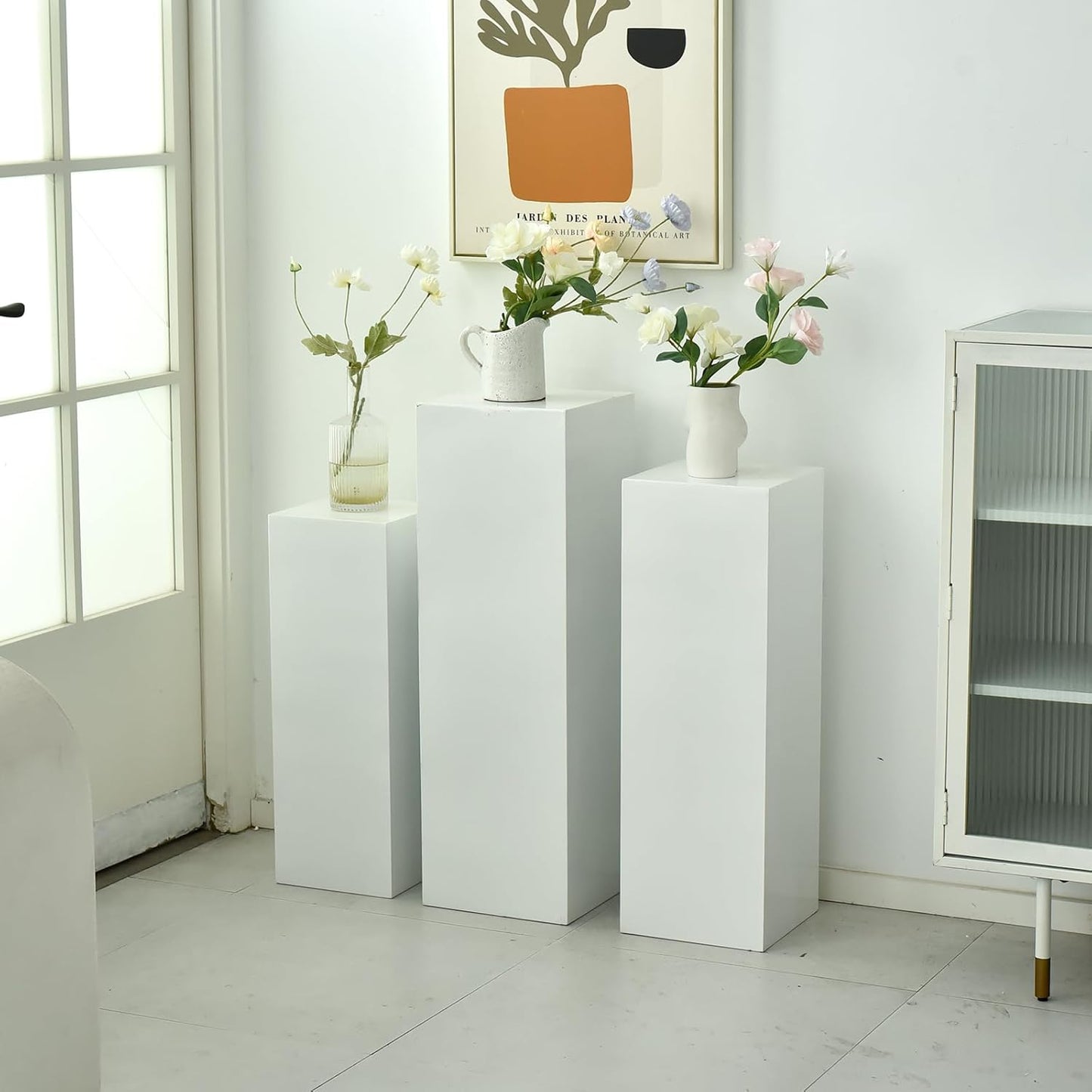 SwallowLiving 3PCS Metal White Display Pedestal Stand for Parties, Square Tall Pedestal Cake Stands Pillars for Wedding, Sculpture Display Stand Column Decoration