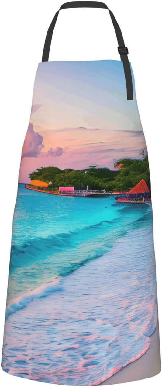 YANYU Jamaica Beach Print 28x33 In Kitchen Apron Stylish Chef Apron with Pockets for Cooking Baking Painting
