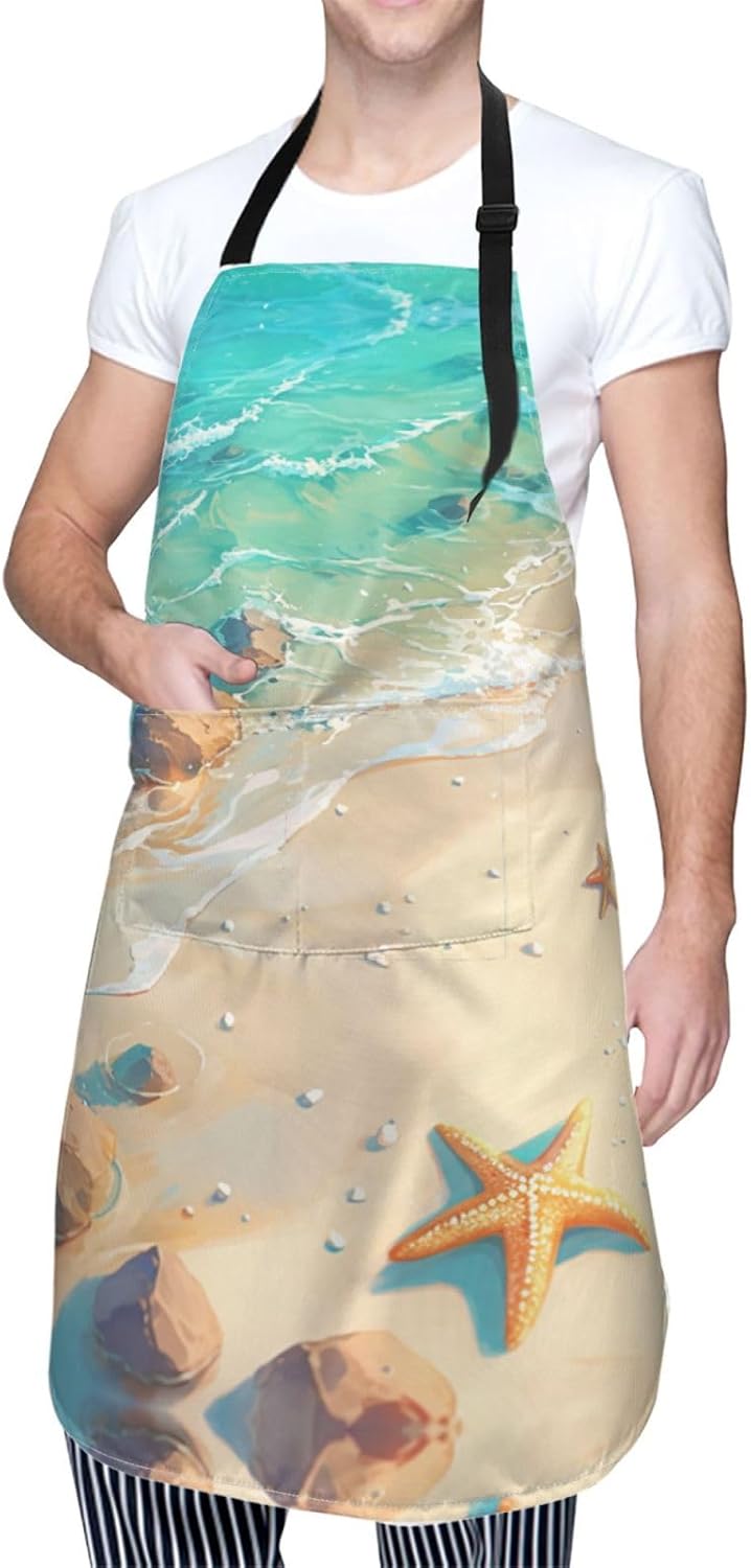 Beach Starfish print Waterproof apron with pocket adjustable cooking apron for adult kitchen bibs to bake