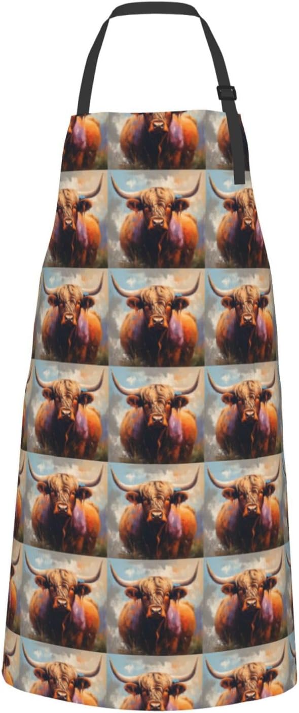 YANYU Highland Cow Print 28x33 In Kitchen Apron Stylish Chef Apron with Pockets for Cooking Baking Painting