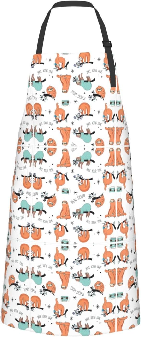 funny Cute Animal Sloth Music Print 28x33 In Adult Kitchen Apron with Pockets Versatile Chef Smock for Cooking Baking