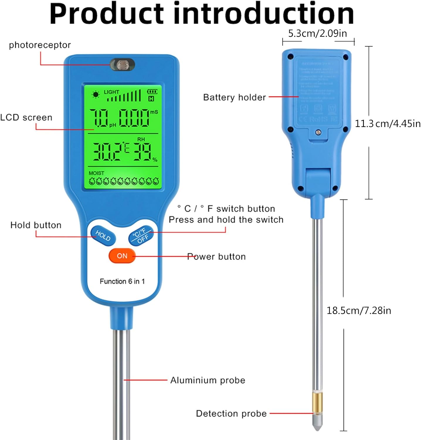 Soil Testing Set for Home Garden and Greenhouses 6 in 1 Functionality 