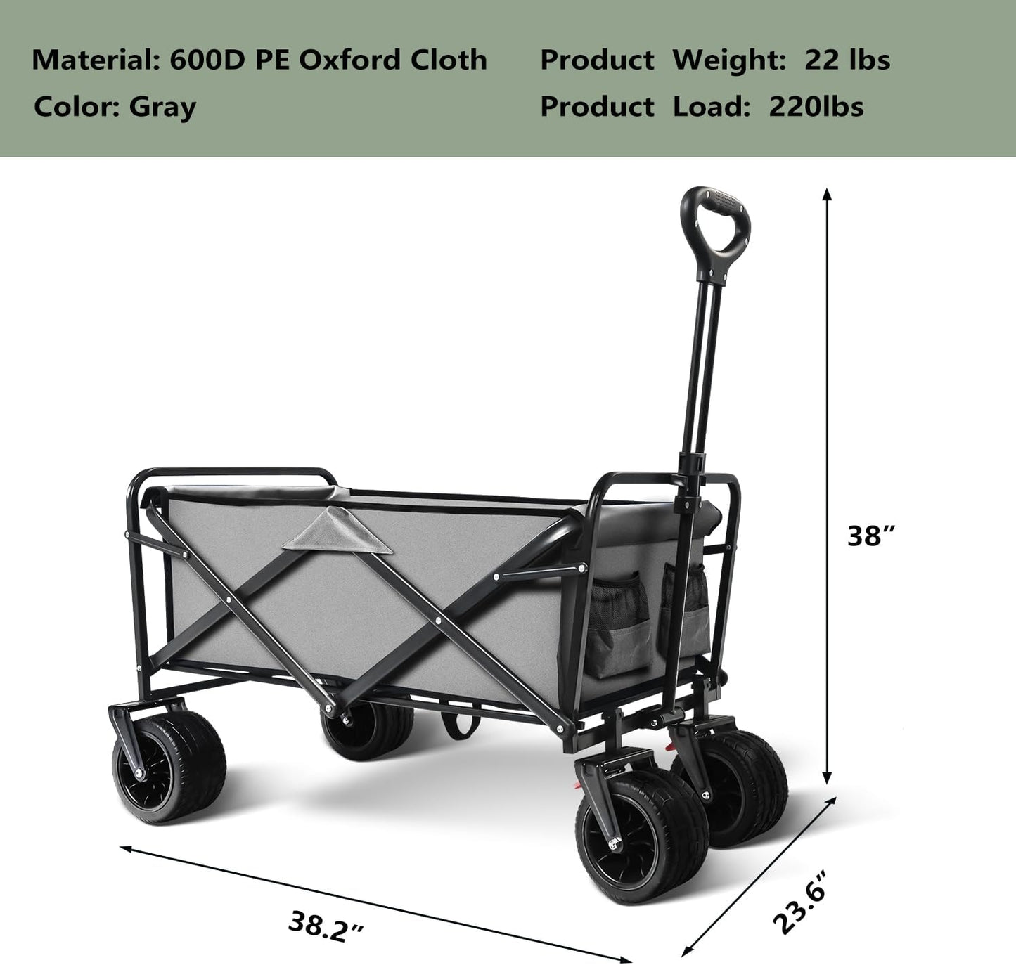 Large Collapsible Wagon Cart Heavy Duty Foldable, Large Capacity Foldable Grocery Beach Wagon for Camping Sports Shopping, Gray
