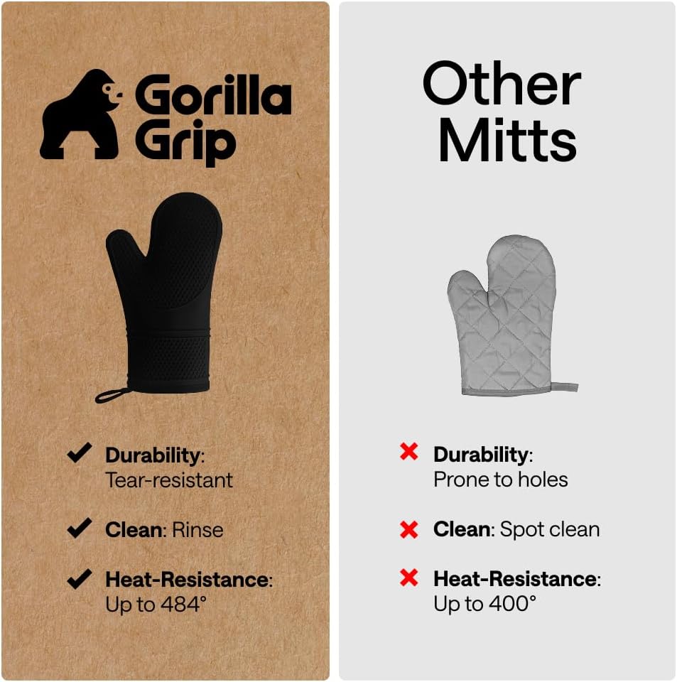GORILLA GRIP BPA-Free Soft Silicone Oven Mitts, Heat Resistant and Waterproof Cooking Safety Gloves, Thick Cotton Lining, Flexible Gripping, Kitchen Potholders Set, for Grilling, BBQ, 12.5x8.3, Black
