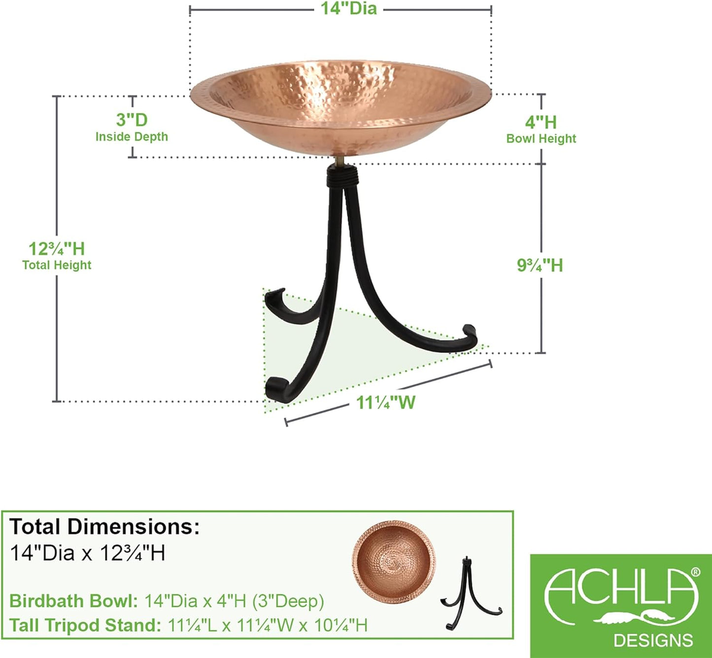 Achla Designs 201-4017 Hammered Solid Tripod Stand Birdbath, Satin Copper