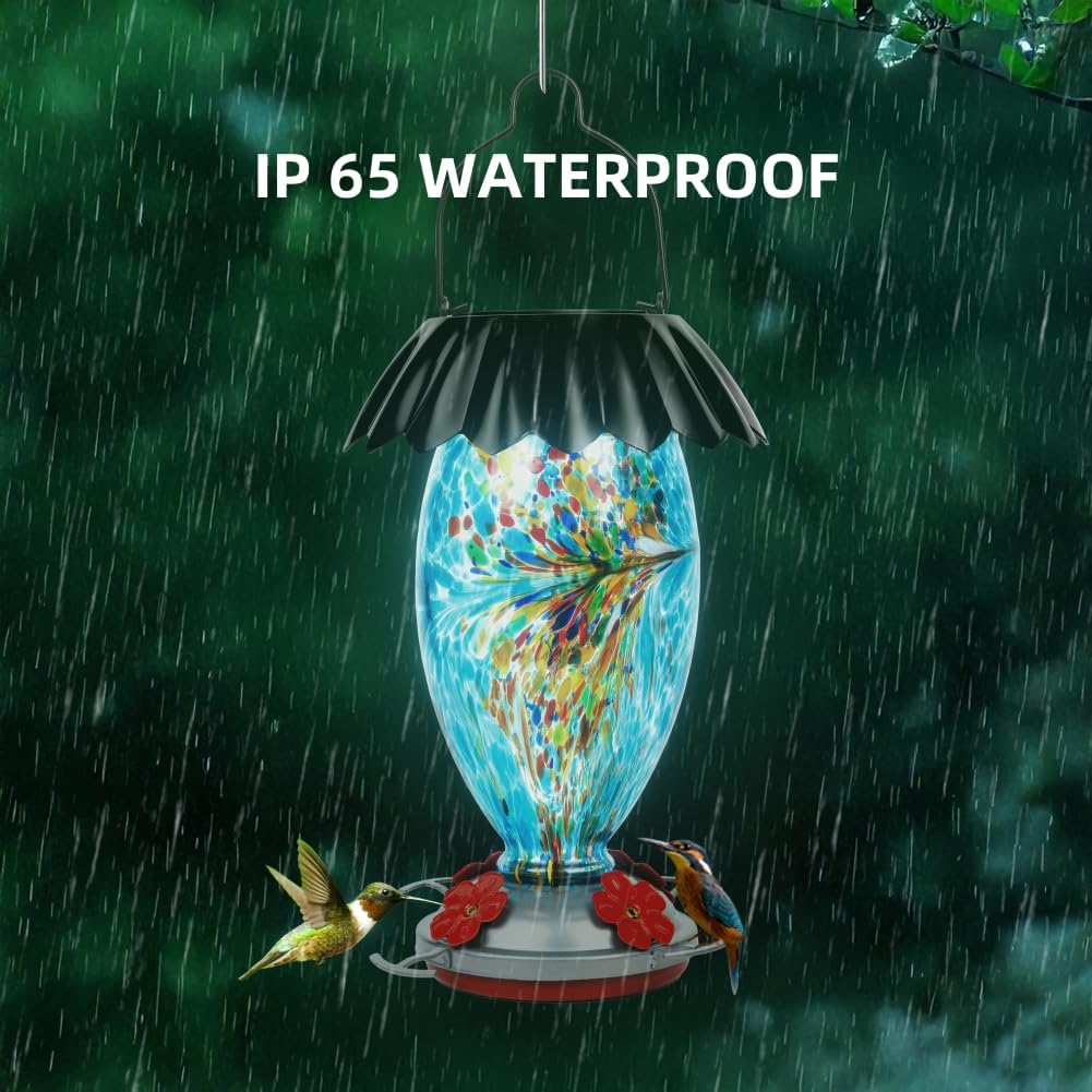 Solar Hummingbird Feeder for Outdoors Hanging Colorful Lighting 32 Oz Hand Blown Glass Hummingbird Feeder for Garden Decoration with Accessories (Blue)