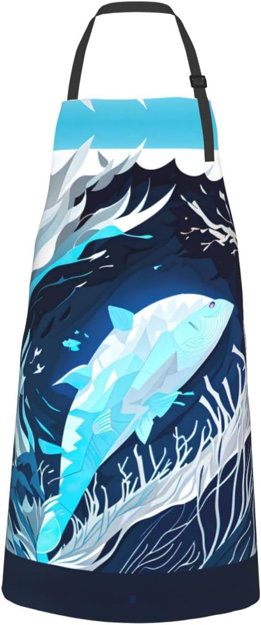 Deep Blue Animal Whale print Waterproof chef's apron with pocket apron for kitchen cooking baking barbecue and gardening