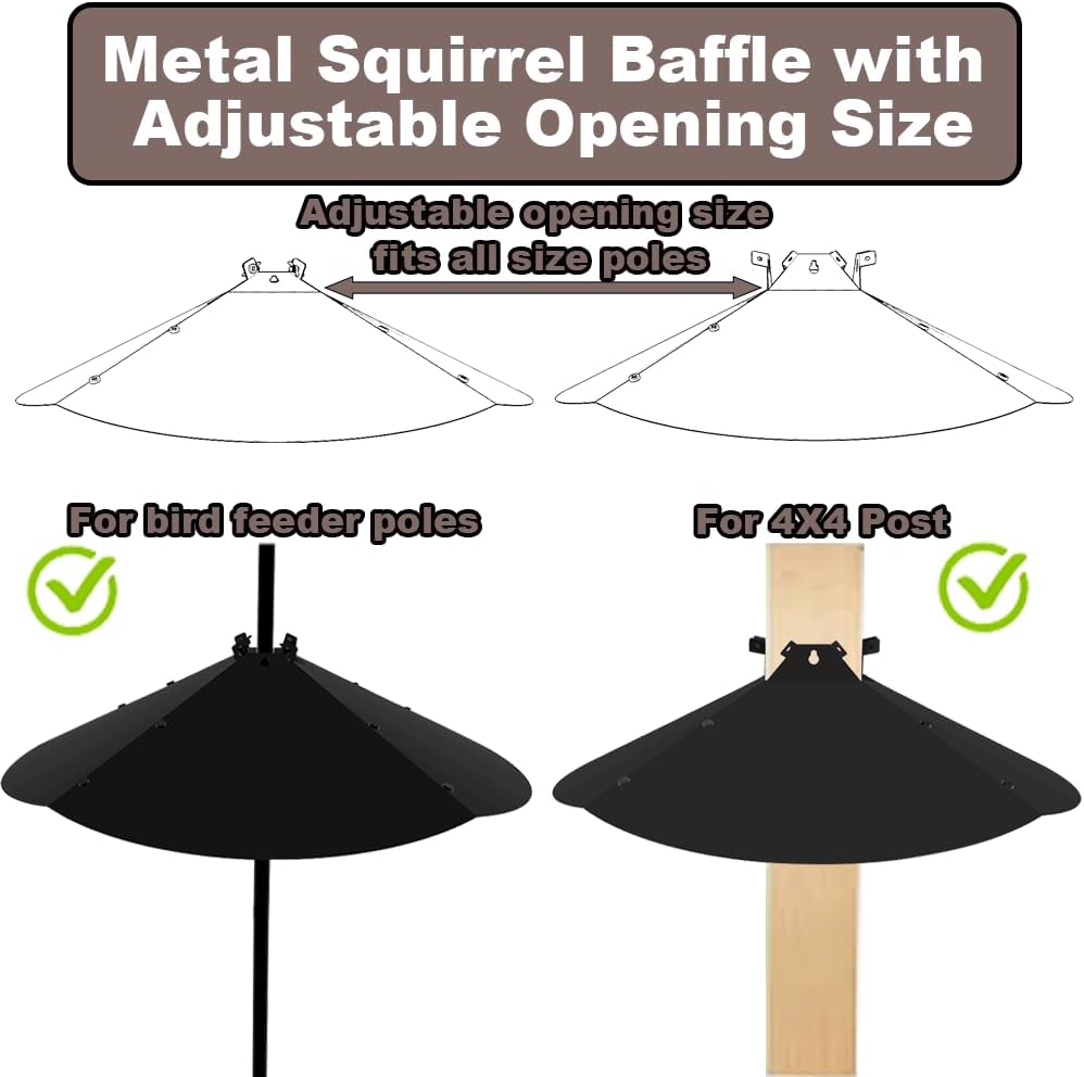 24 Inch Metal Squirrel Baffle,Adjustable Opening Size, for Up to 4x4 Wide Wooden Post,Squirrel Baffle for Bird Feeders Without Removing Bird Feeder Poles Or Shepherd's Hooks.Deep Black 1Pack