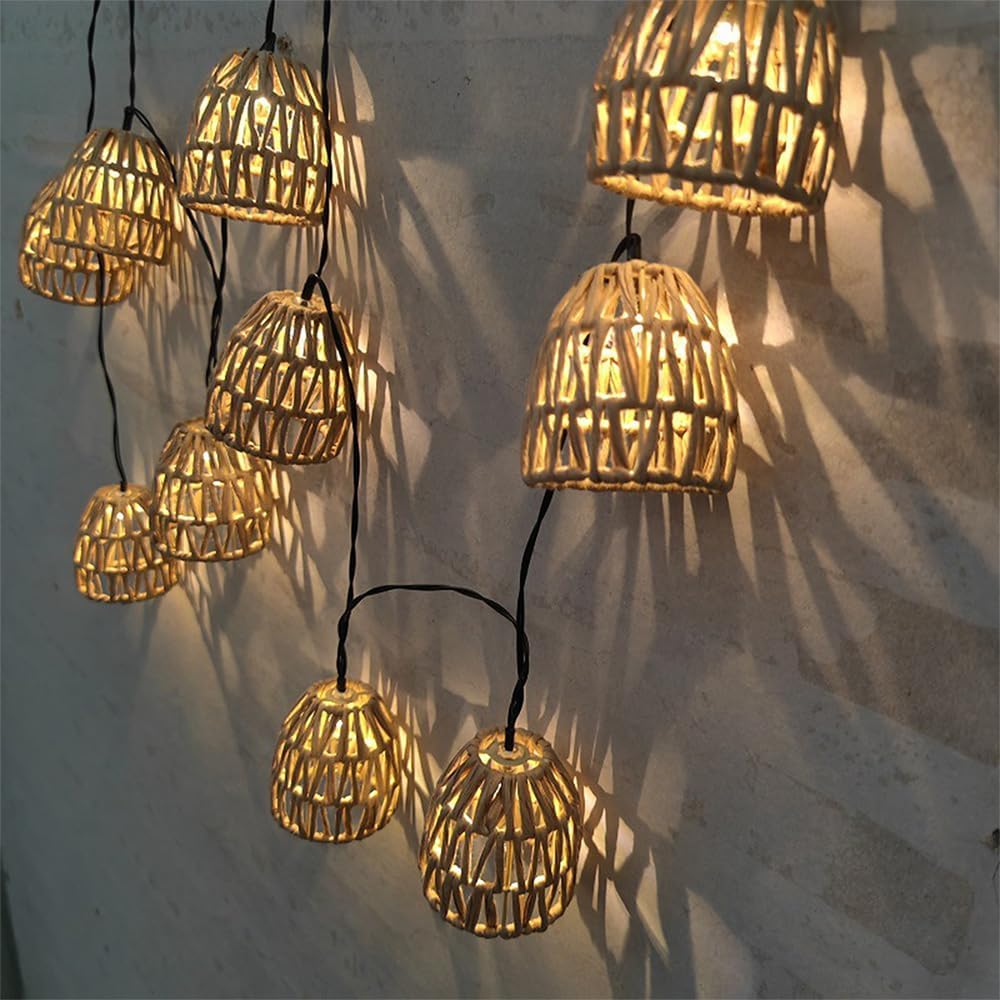 Solar Powered Paper Rattan String Lights Outdoor & Indoor, Waterproof Solar String Lights with Battery Box, PE Imitation Rattan Garden Lights, Eco-Friendly Patio Balcony Yard Pathway 10-Light Set