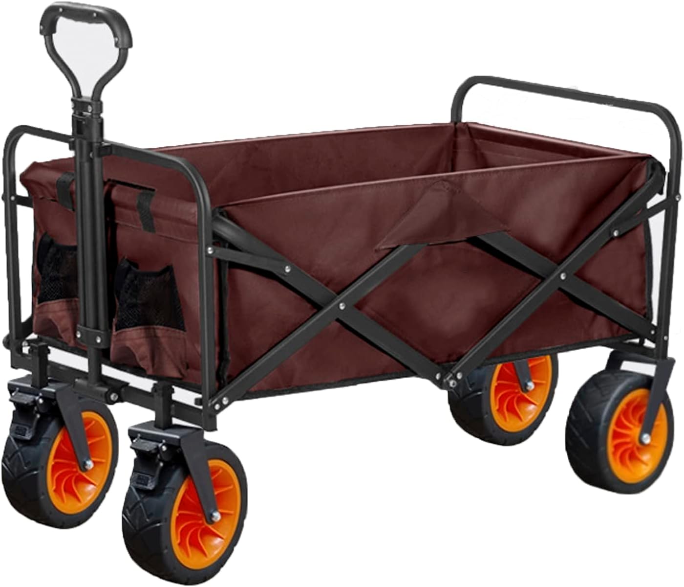 Heavy Duty Collapsible Folding Wagon - Portable All-Terrain Beach Cart with Wide Wheels, Utility Garden Cart for Camping, Fishing, Grocery Shopping, Sports - Brown