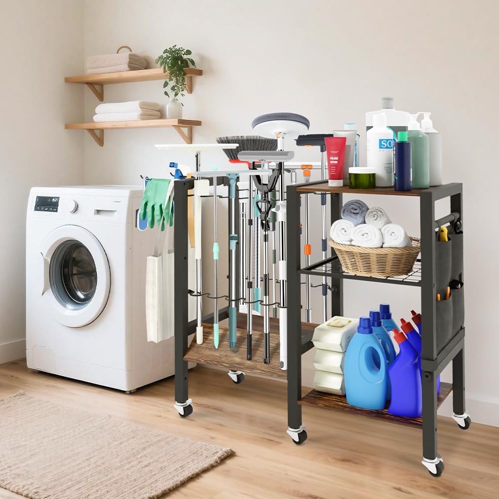Garden Tool Organizer with Lockable Wheels, Heavy Duty Yard Tool Storage Rack for Shovels and Rakes, 3 Tier Lawn Care Utility Holder with hooks for Garage, Shed, Yard and Laundry Room