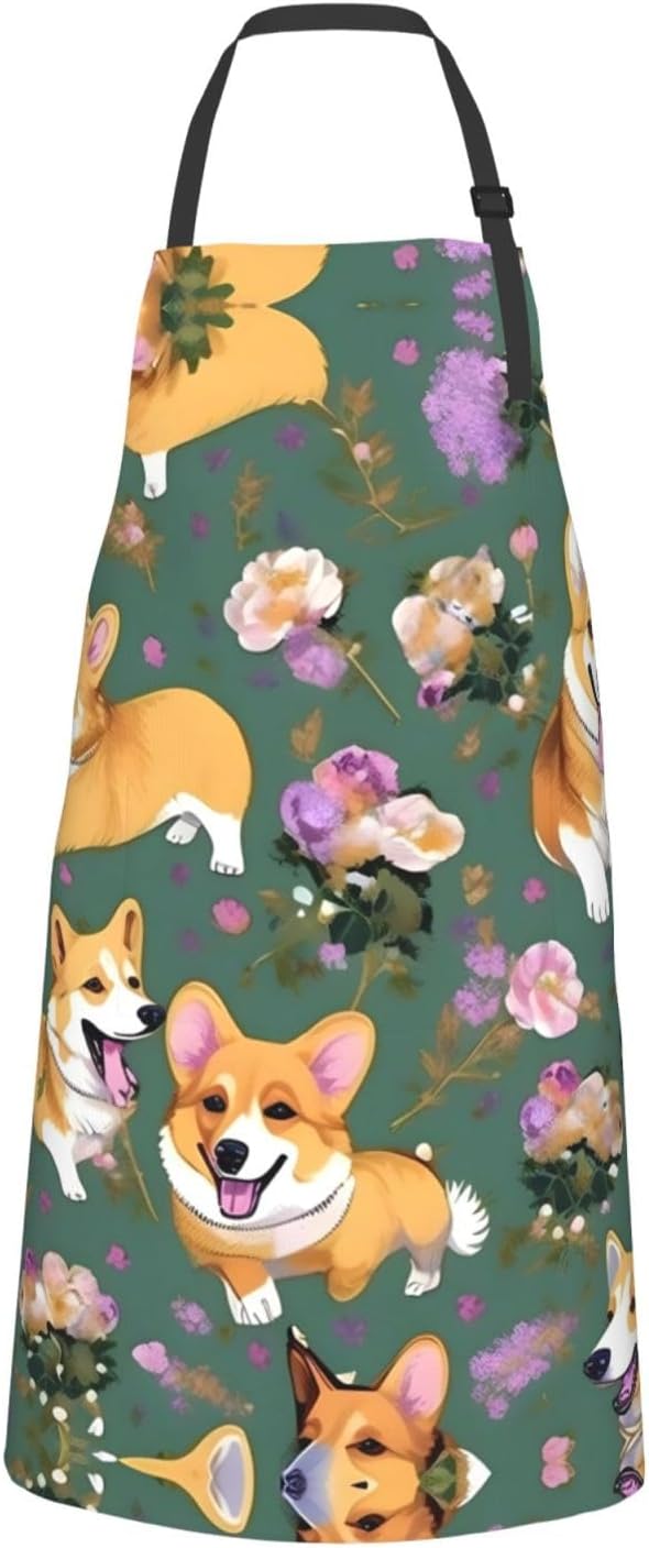 Corgi Floral Flowers Print Laundry apron 28x33 In Waterproof Kitchen Apron with Pockets for Cooking Baking