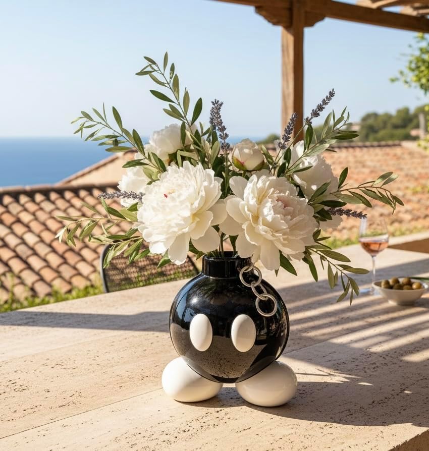 Ceramic Bomb Vase – Unique Cartoon Face Decorative Flower Pot, Modern Black & White Sculpture Planter for Home, Office, Living Room, Entryway & Gift Décor