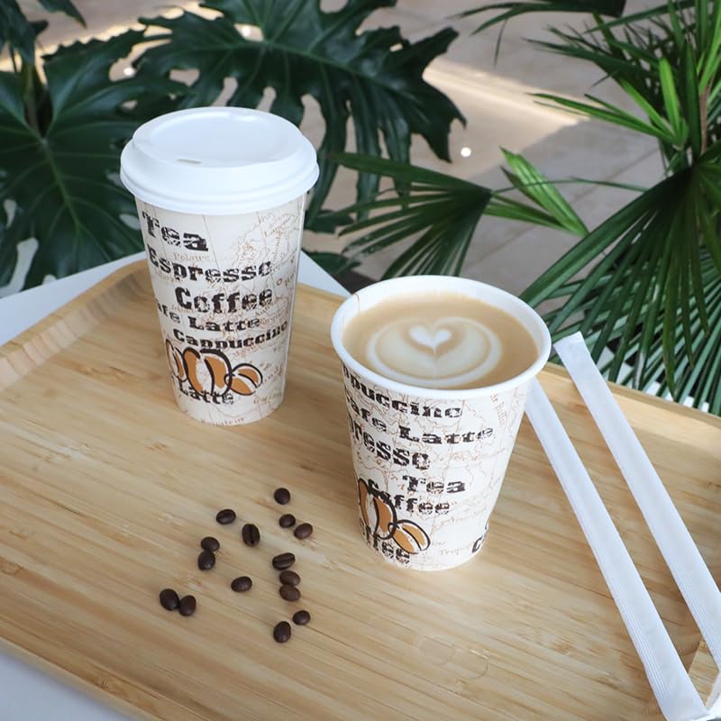 Amazon Basics to Go Hot Paper Coffee Cups with Lids, 12 oz, Café Design, Disposable, 100-Count