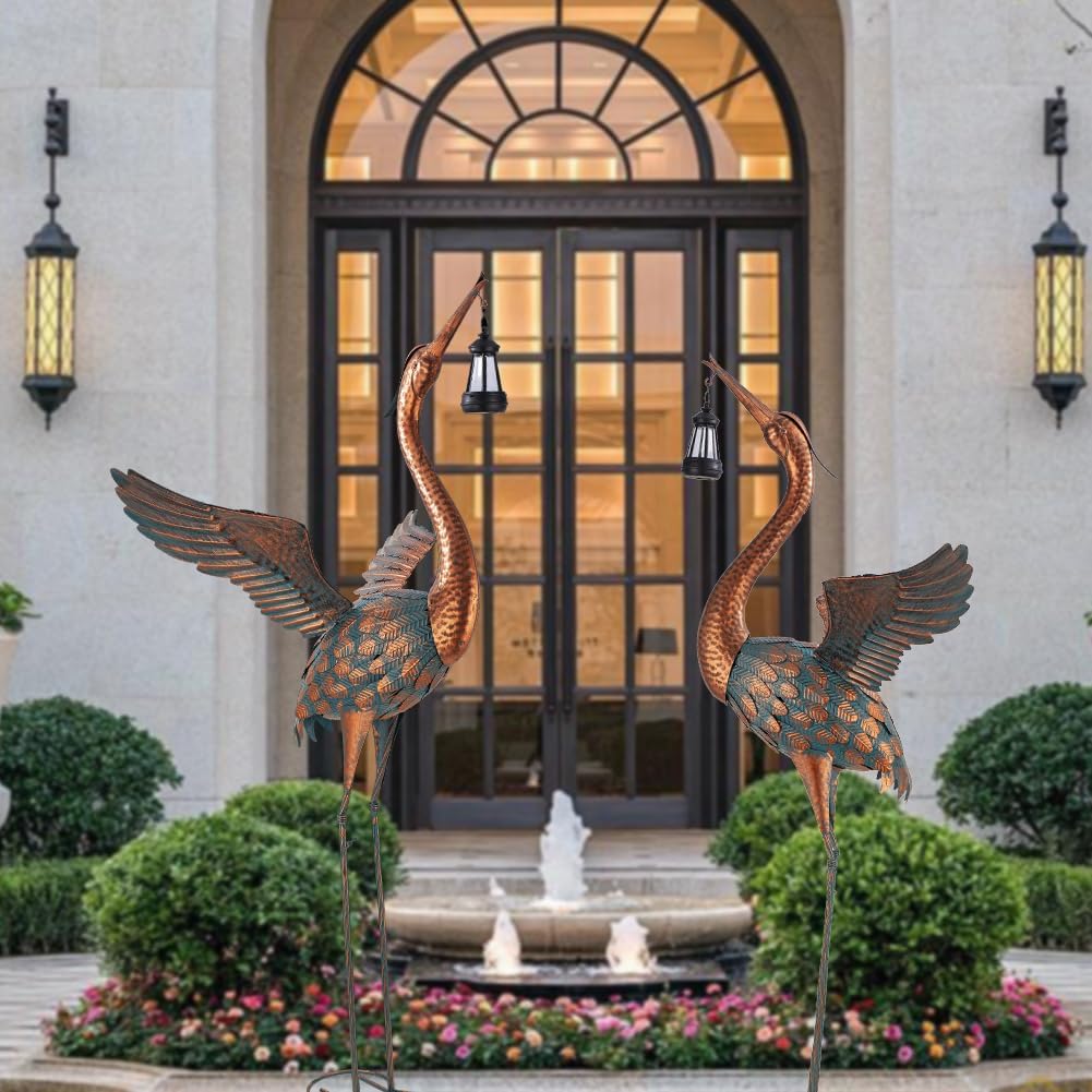 48'' Heron Garden Statue, Large Crane Outdoor Statue with Solar Lanter