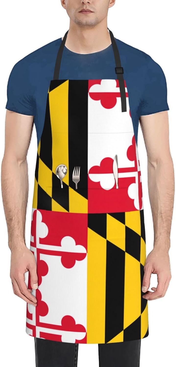 Flag of Maryland Print 28x33 In Adult Kitchen Apron with Pockets Versatile Chef Smock for Cooking Baking