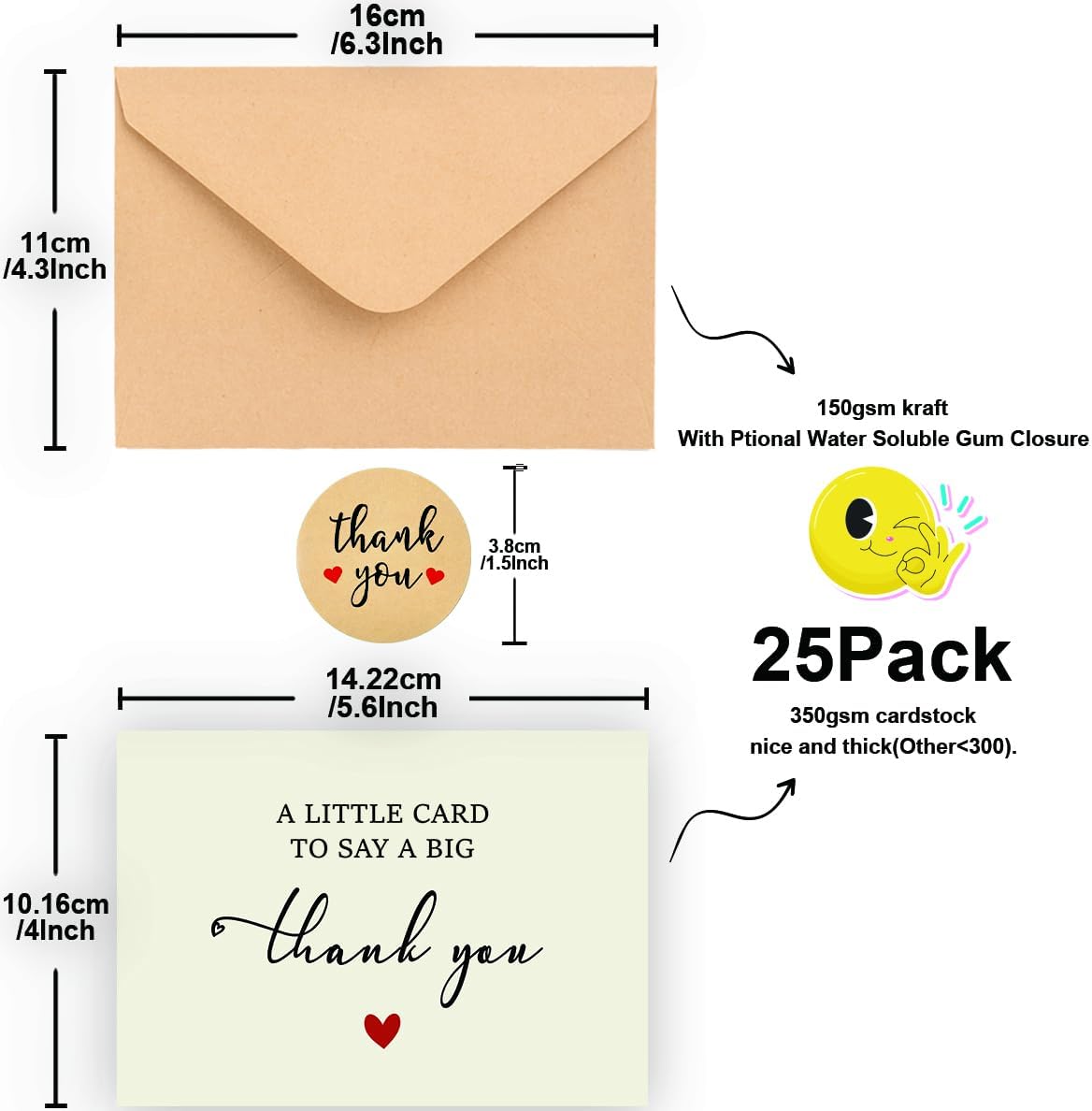25 Pack 350GSM | Thank You Cards | Thank You Cards & Notes with Envelopes | Pefect for Baby Shower, Wedding, Teacher, Graduation, Business, Holiday, and Christmas | Teacher Appreciation Gifts