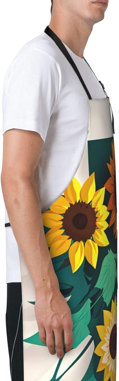 Sunflower bee print Waterproof chef's apron with pocket apron for kitchen cooking baking barbecue and gardening