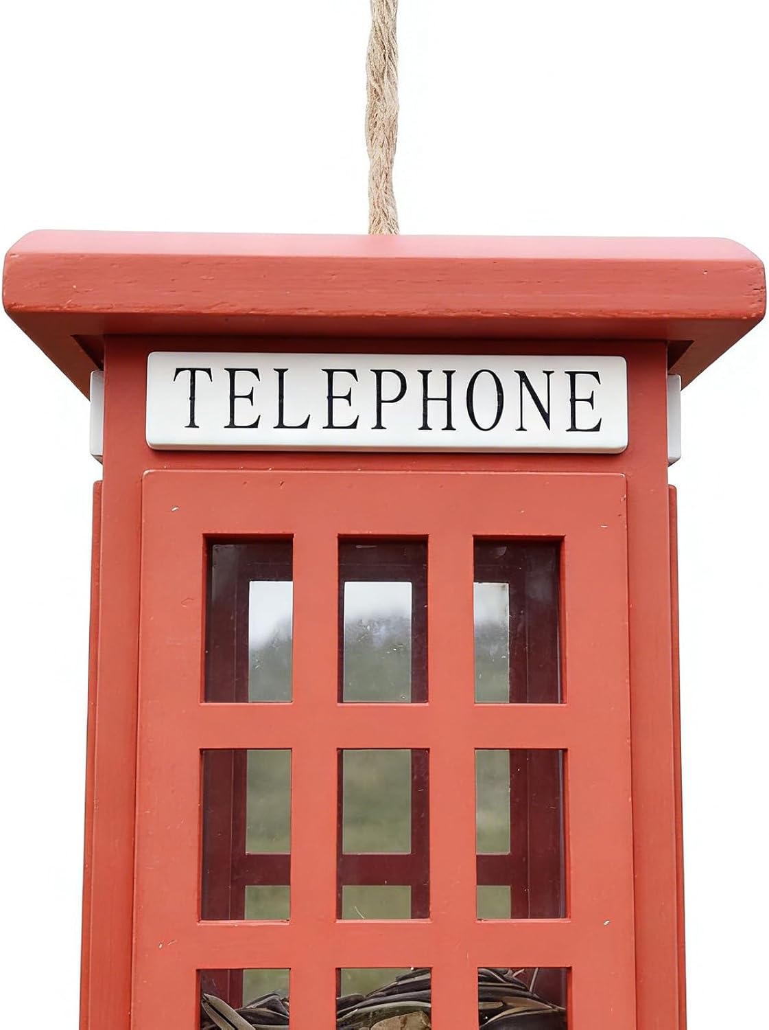 Bird Feeder - Red Telephone Box Shape | Wooden Spill Resistant Feeder with Hangable Design for Outdoor Birds, Garden Backyard Balcony Porch Yard Decoration and Feeding Station