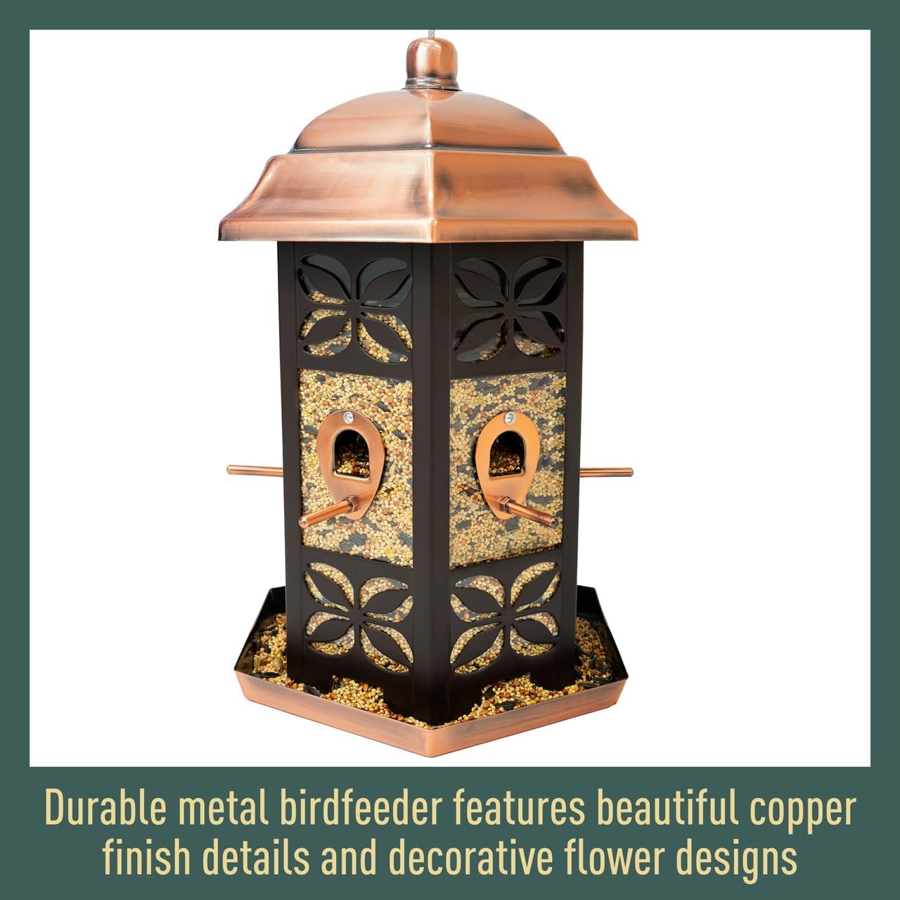 North States - Copper Hexagon Birdfeeder: Copper Bird Feeder for Outdoors, Holds 9.5 Pounds of Seed
