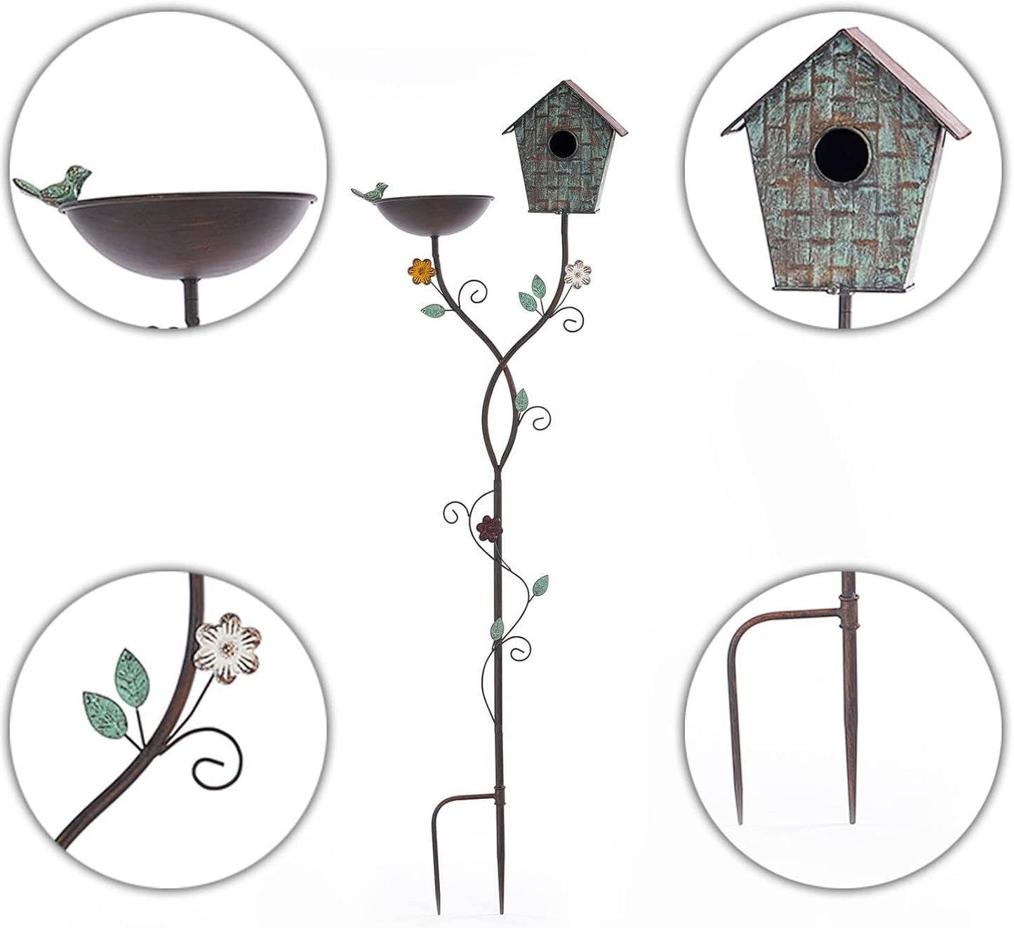 Bird Baths and BirdHouses with Pole, Distressed Metal Bird Bath Bowl and Birdhouse Stake for Outdoor Garden Yard Decoration (Bird Baths/BirdHouses-B)