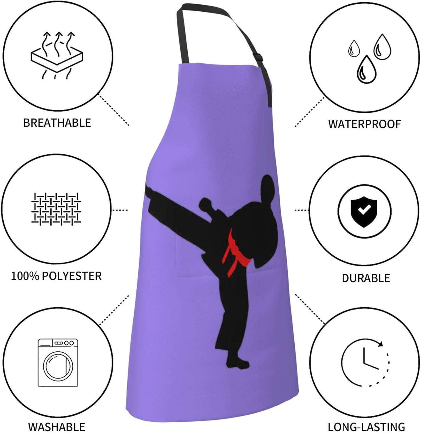 Karate Boy Vector Changeable Belt Color Print 28 x 33in Waterproof Apron with Pockets Fashionable Versatile Smock for Baking