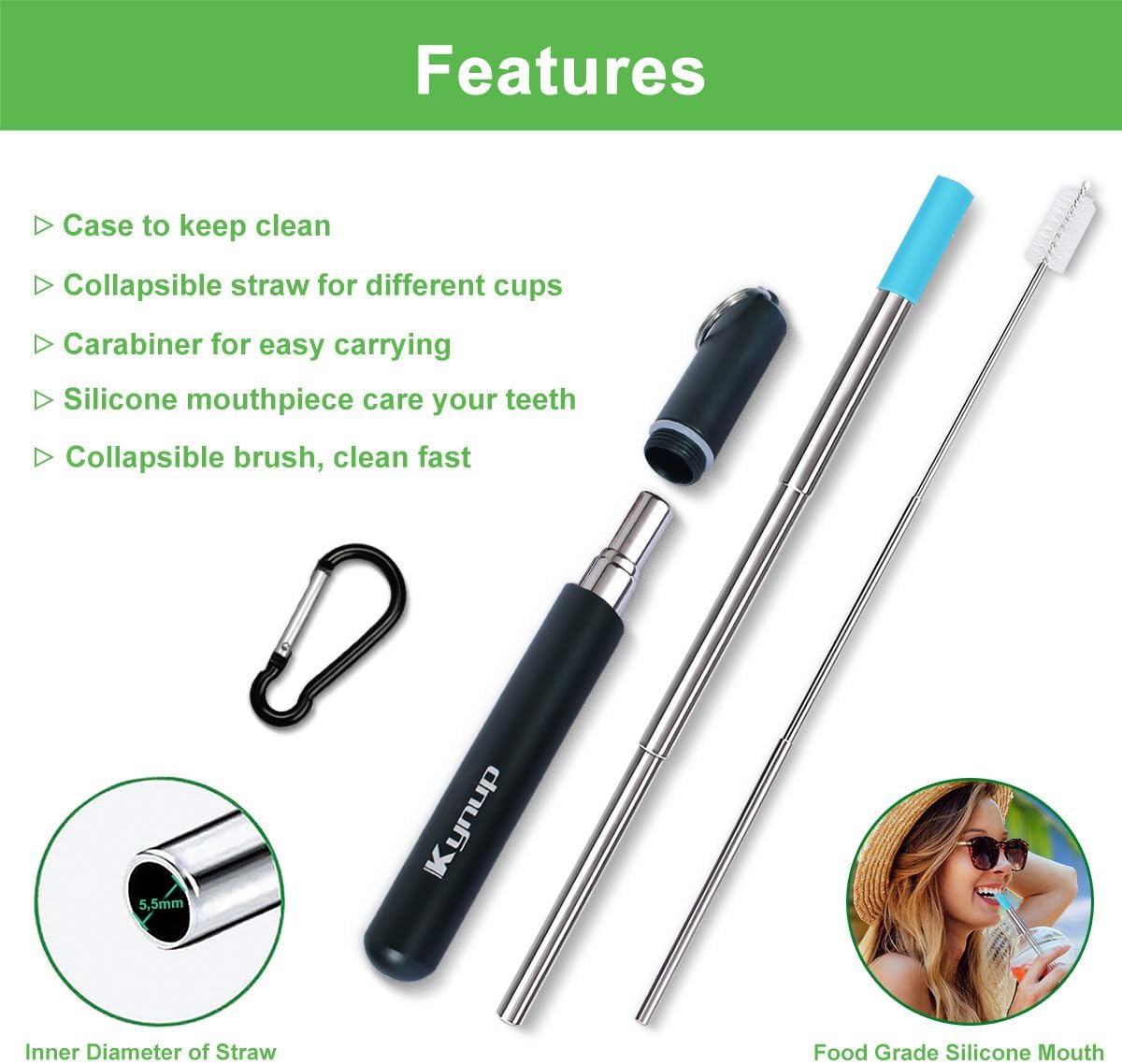 Kynup Reusable Metal Straws (4Packs), Collapsible Travel Drinking Stra