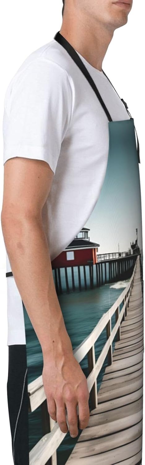 Coastal Pier print Waterproof chef's apron with pocket apron for kitchen cooking baking barbecue and gardening