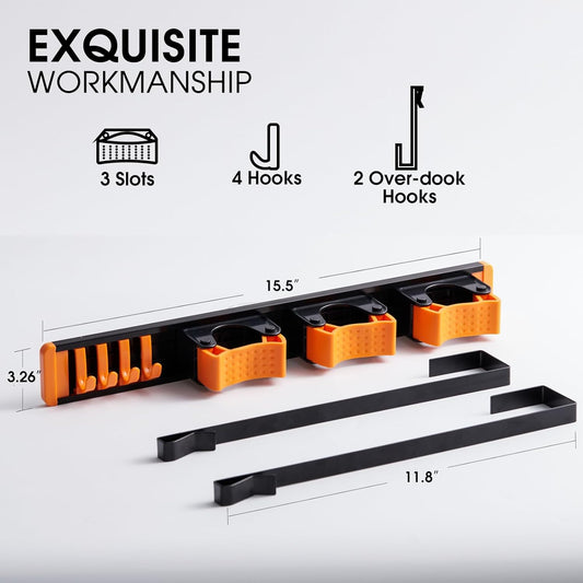 Unjumbly Broom Holder Wall Mount, Drilling Free Mop and Broom Holder with 2 Over Door Hooks, Tool Organizer for Laundry Room, Garage, Kitchen, Closet, Bathroom, Pantry - Orange