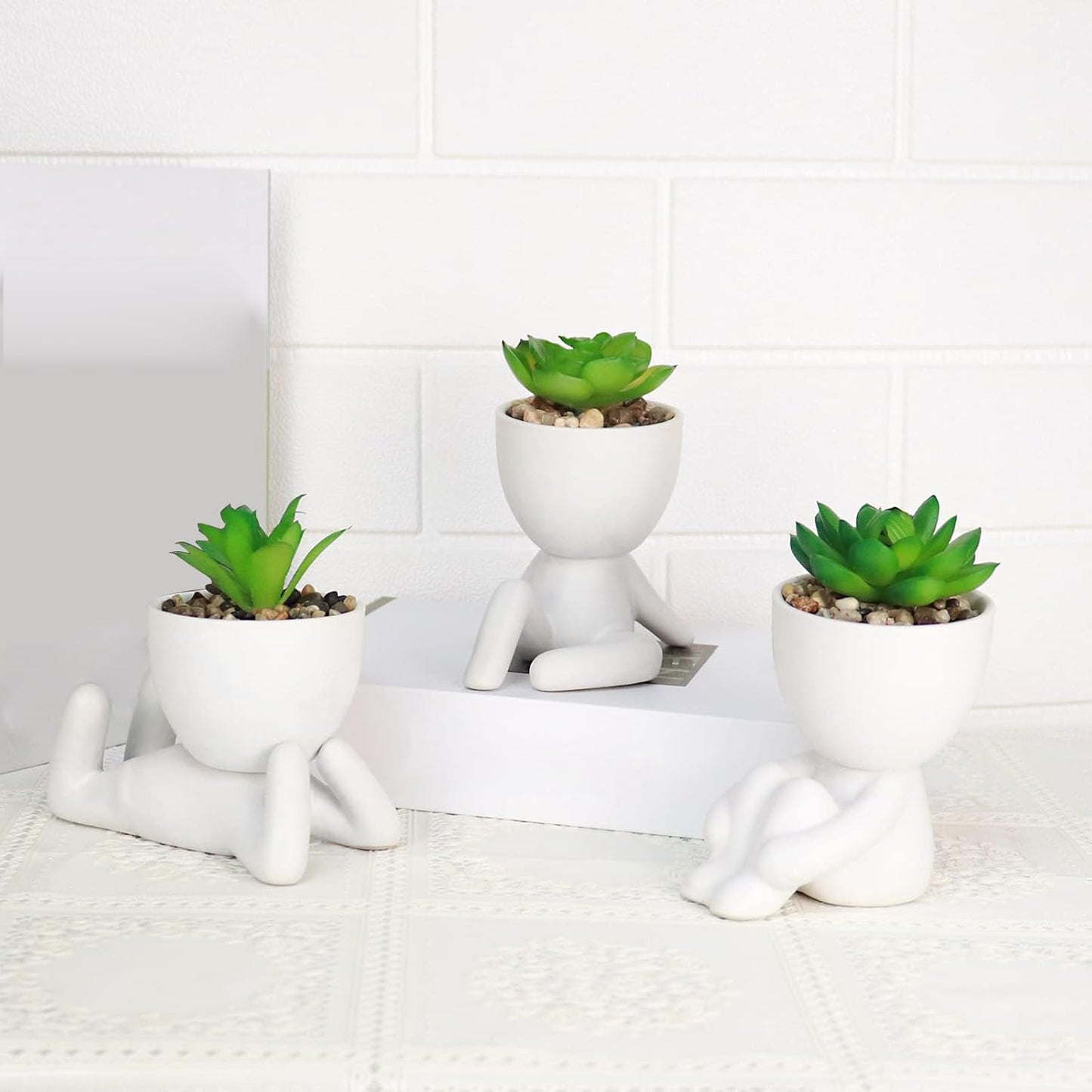 Pack of 4 White Mini Artificial Succulents, Ceramic Humanoid Greenery, Artificial Fake Plants, Bathroom Plants for Bathroom Decoration, Indoor Office, Christmas Decorations