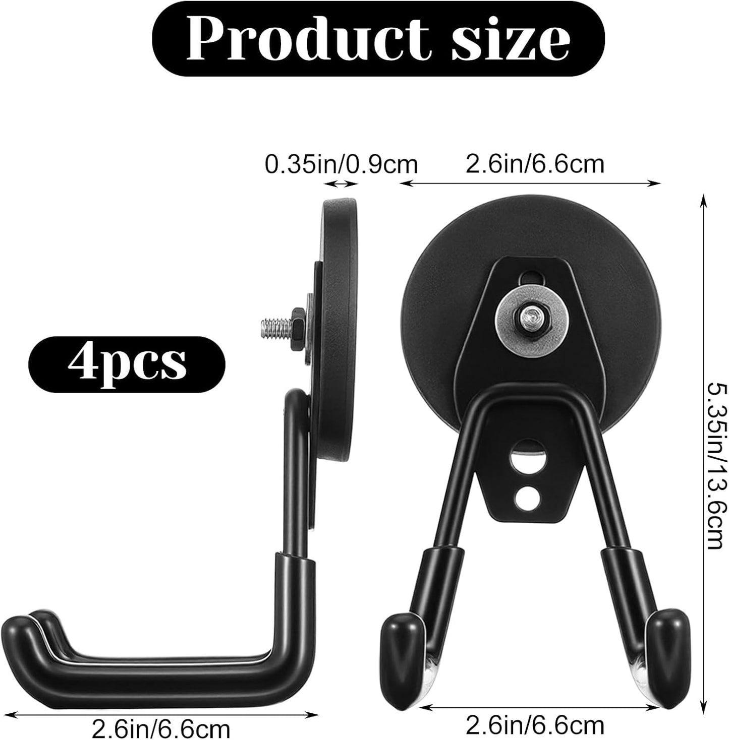 4Pcs Heavy Duty Storage Magnetic Utility Hooks Large Garage Strong Extra Magnet Hooks Hanger with Anti-Slip Coating Heavy Duty Magnetic Hook for Hanging Power Dril Garage Garden Tools Black