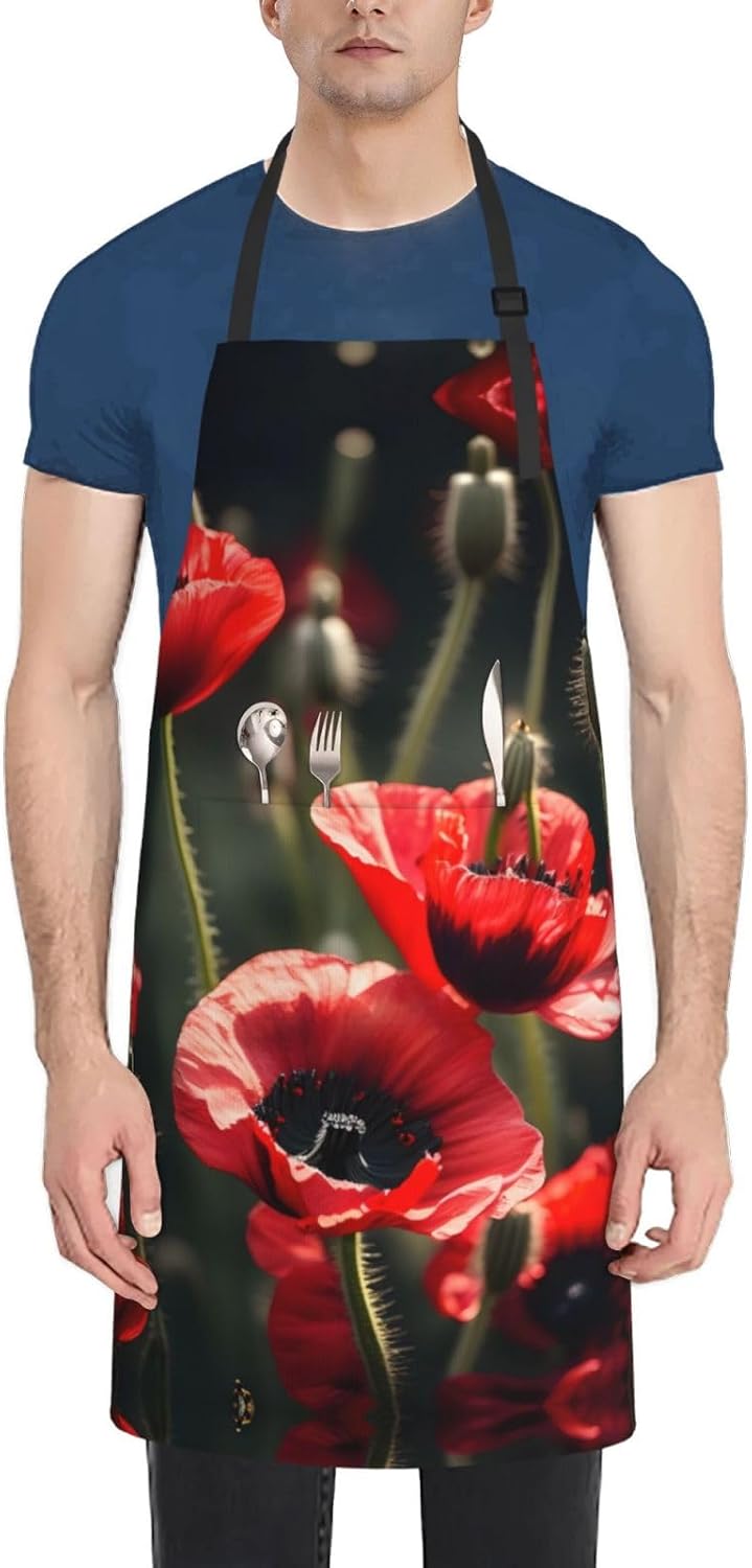 Beautiful Red Poppy Flower Print Laundry apron 28x33 In Waterproof Kitchen Apron with Pockets for Cooking Baking