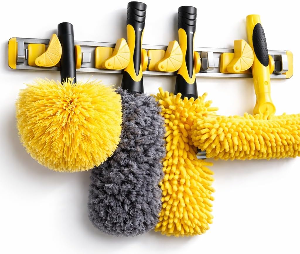 Good Grip Wall-Mounted Mop and Broom Holder Storage Organizer Cleaning Tools Hanger for Kitchen Garden Laundry Room and Garage (4 slots, 5 hooks)