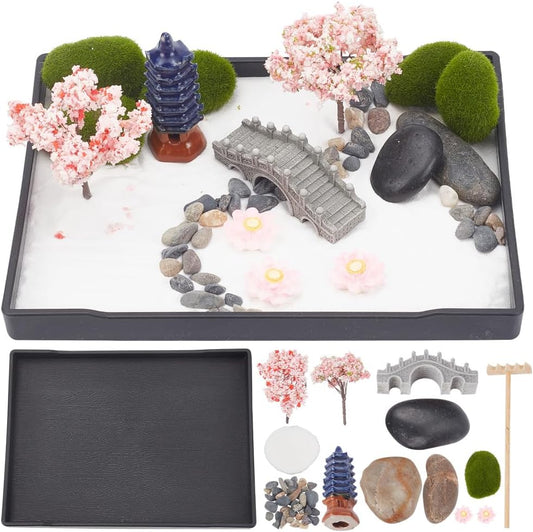 WEBEEDY Zen Garden Kit Japanese Zen Sand Rock Garden Home Office Desktop Accessories Mini Sand Gardens Meditation Gifts Set for Home Office, 8x6in