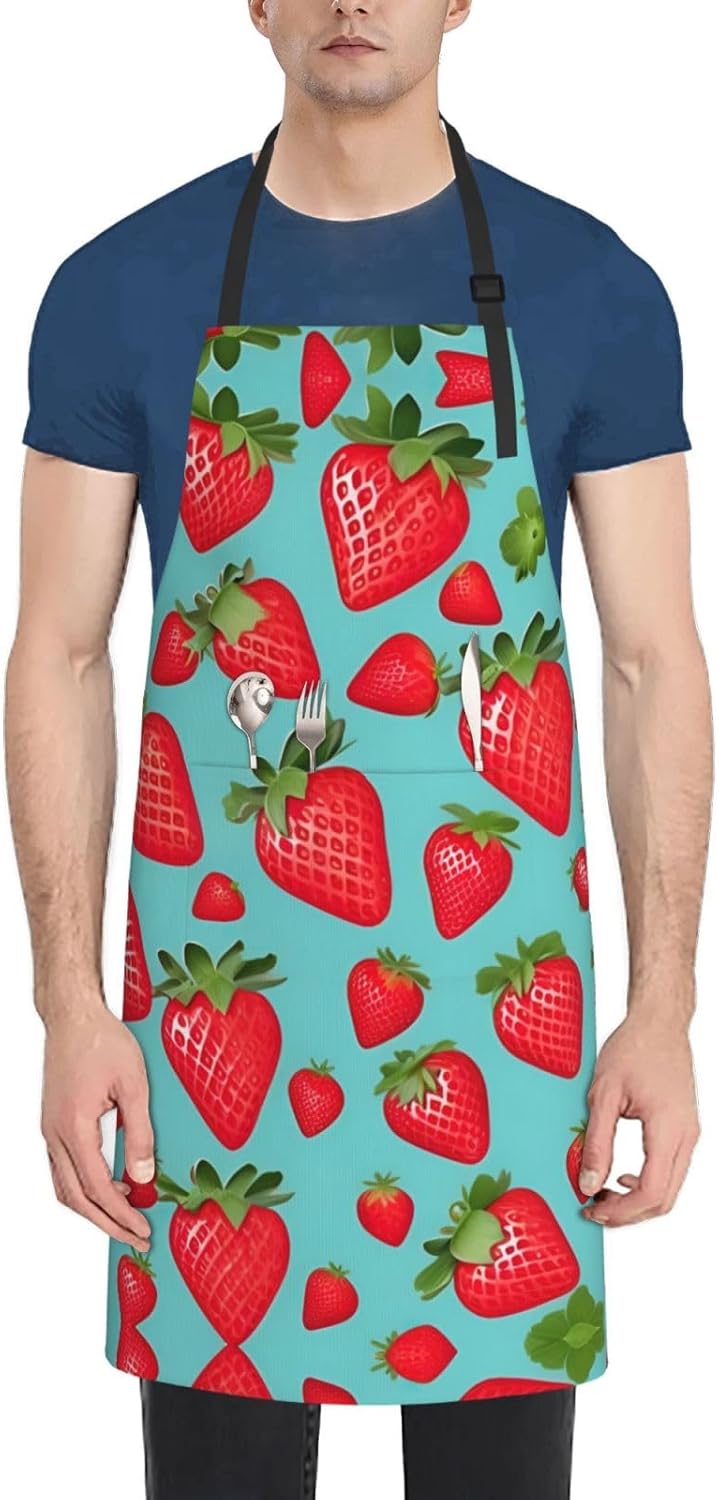 Cute strawberry print Waterproof chef's apron with pocket apron for kitchen cooking baking barbecue and gardening