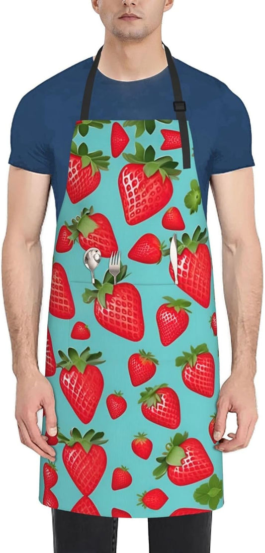 Cute strawberry print Waterproof chef's apron with pocket apron for kitchen cooking baking barbecue and gardening
