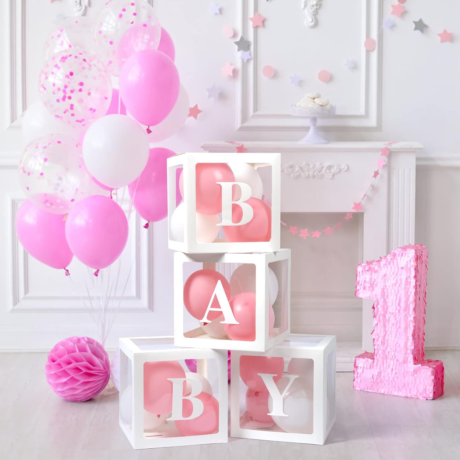 Baby Boxes with Letters, 4 Transparent Balloon for Gender Reveal Birth