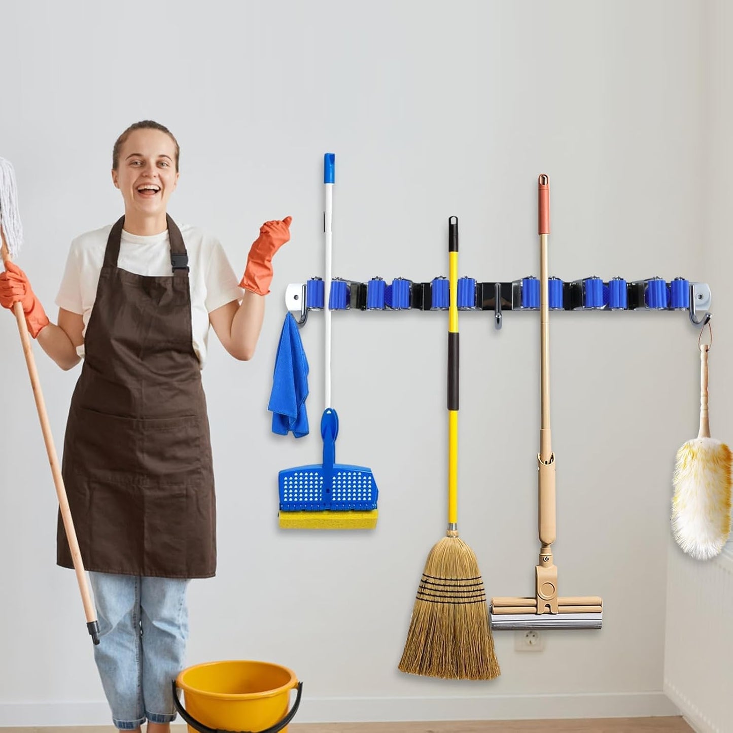 Broom Holder Mop Hanger Wall Mount Metal Organization Garage Storage System Laundry Room Closet Shed Garden Kitchen Tool Organizer (6 Racks with 3 Hooks, Blue)